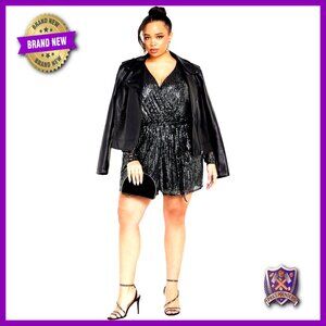 Plus Size Sequin Playsuit with Sheer Sleeves and V Neckline
